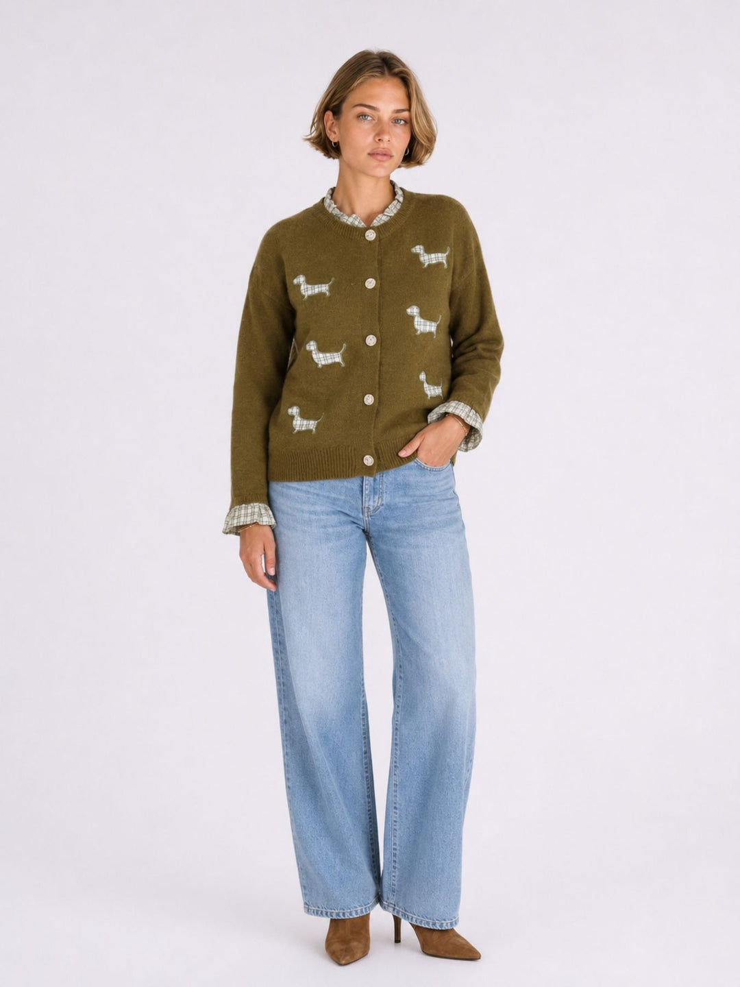 Strickjacke Damen Applikation Dackel Rüschen