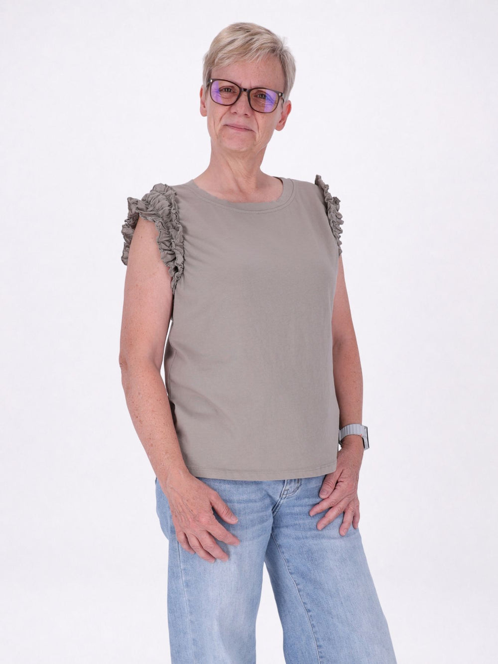 T-Shirt ohne Arm Rüschen am Armausschnitt