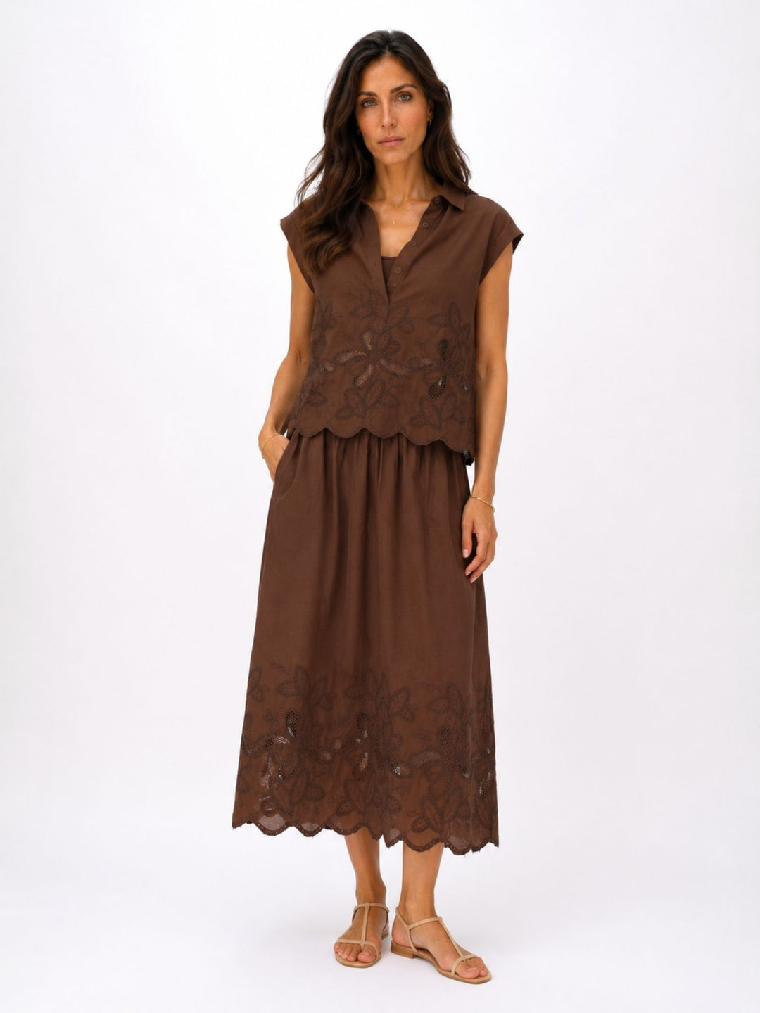 Rock Midi Gummizug Stickerei und Lochmuster