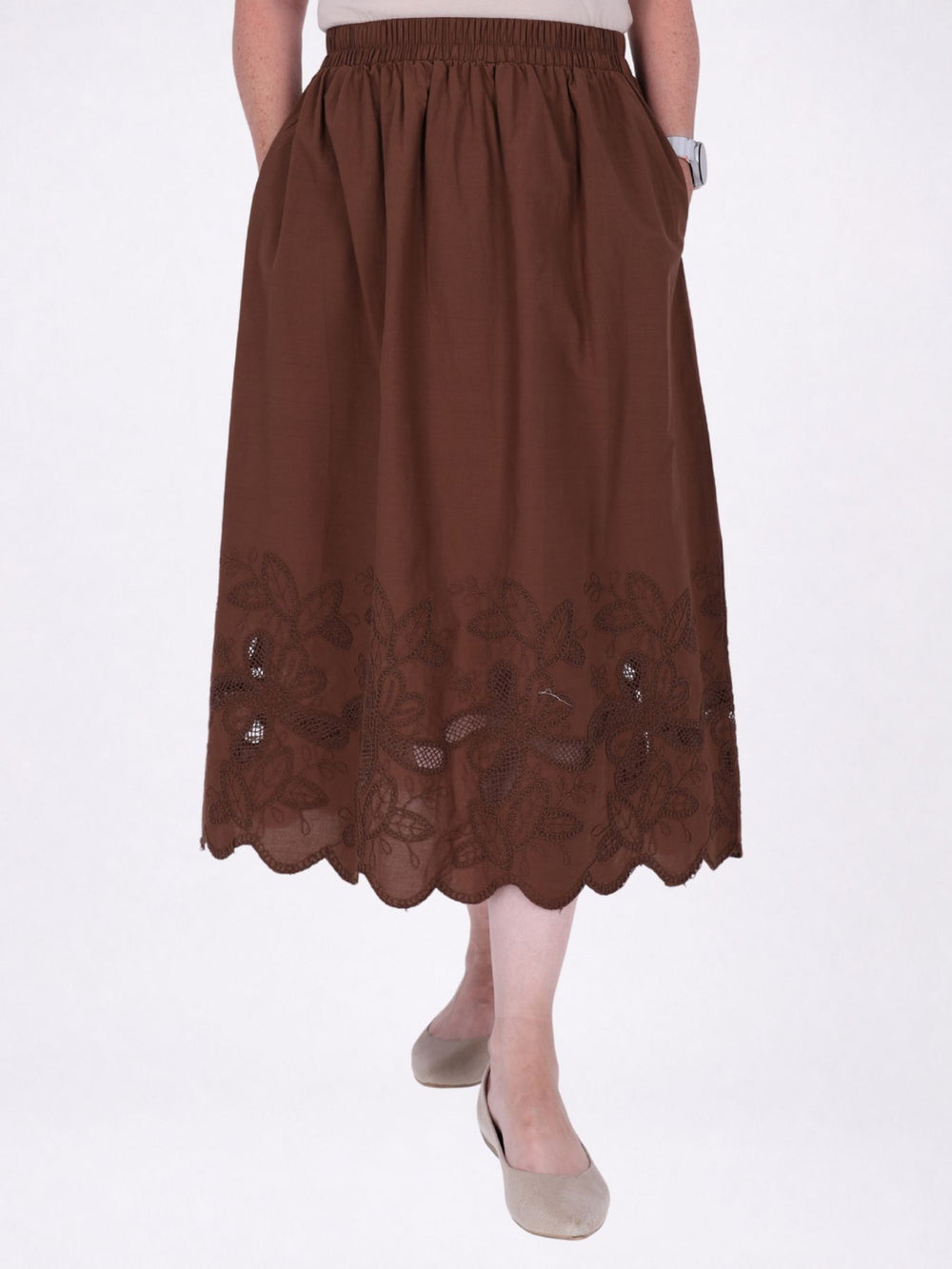 Rock Midi Gummizug Stickerei und Lochmuster