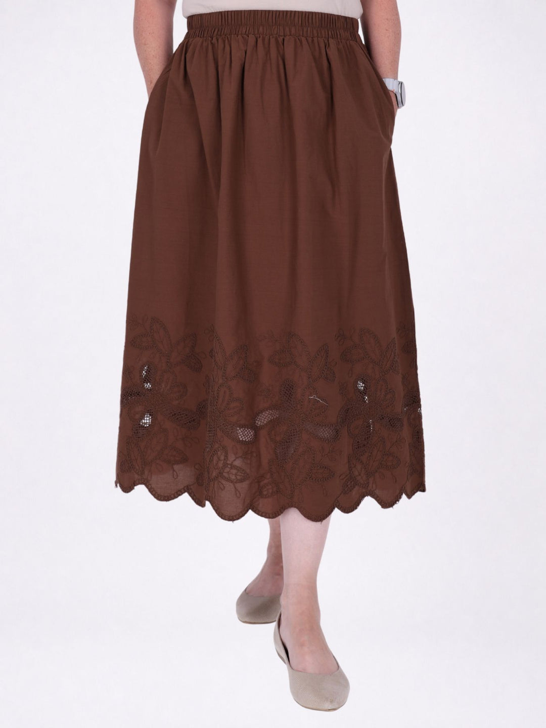 Rock Midi Gummizug Stickerei und Lochmuster