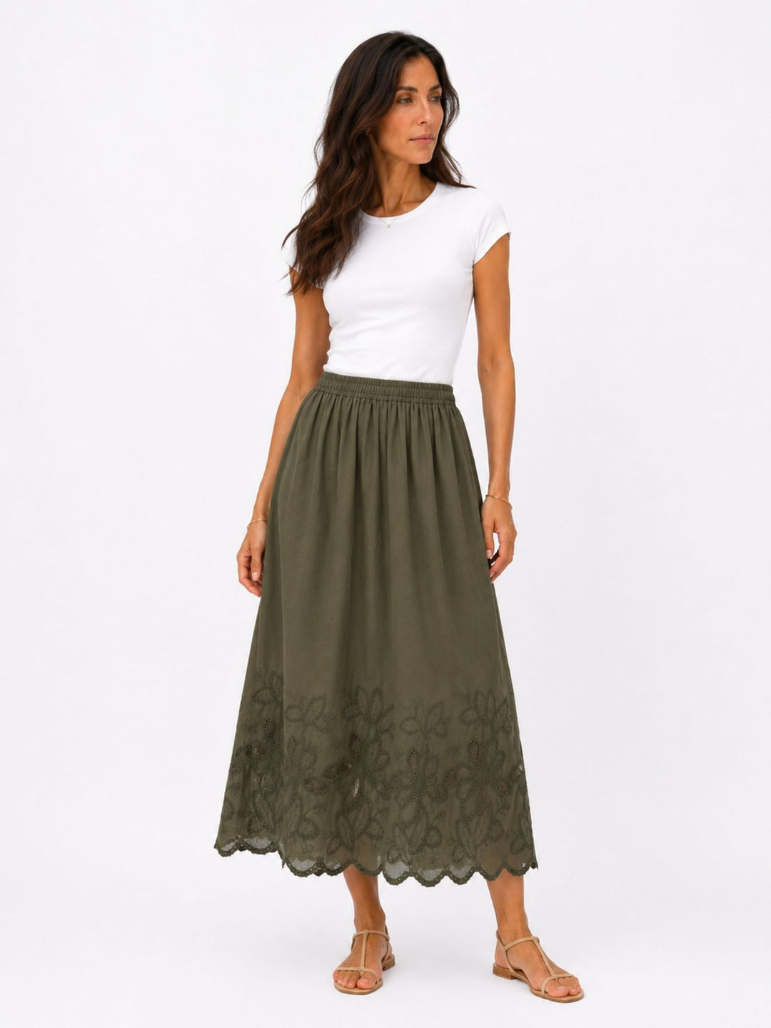 Rock Midi Gummizug Stickerei und Lochmuster