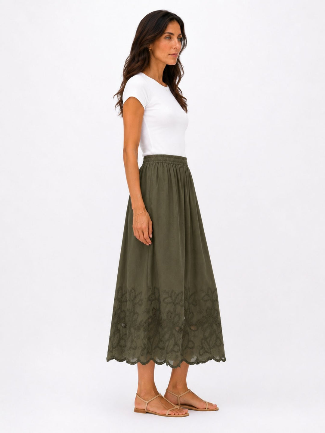 Rock Midi Gummizug Stickerei und Lochmuster