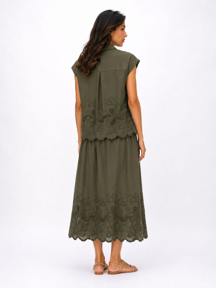 Rock Midi Gummizug Stickerei und Lochmuster
