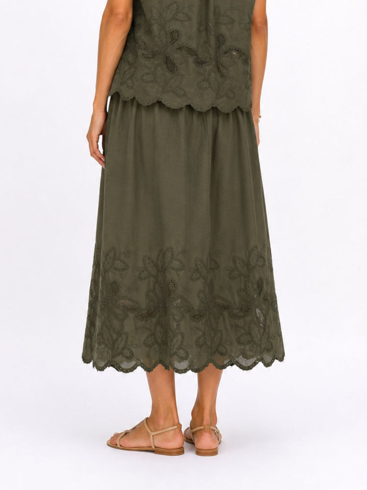 Rock Midi Gummizug Stickerei und Lochmuster