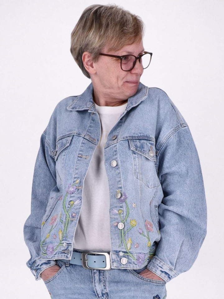 Jeansjacke Damen Blumen Strass