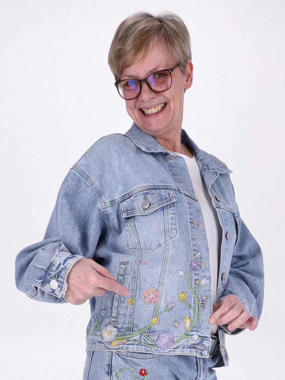 Jeansjacke Damen Blumen Strass