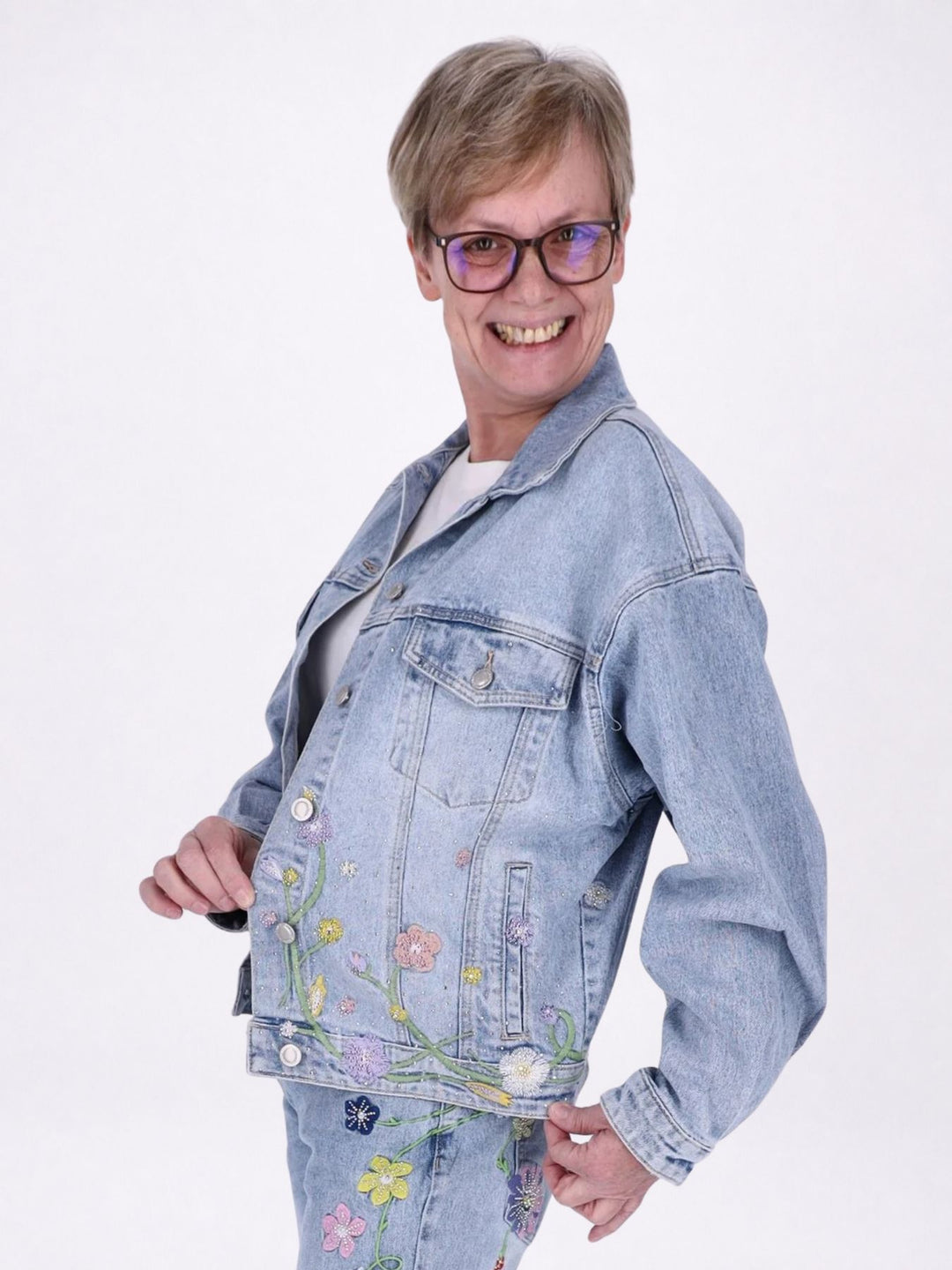 Jeansjacke Damen Blumen Strass