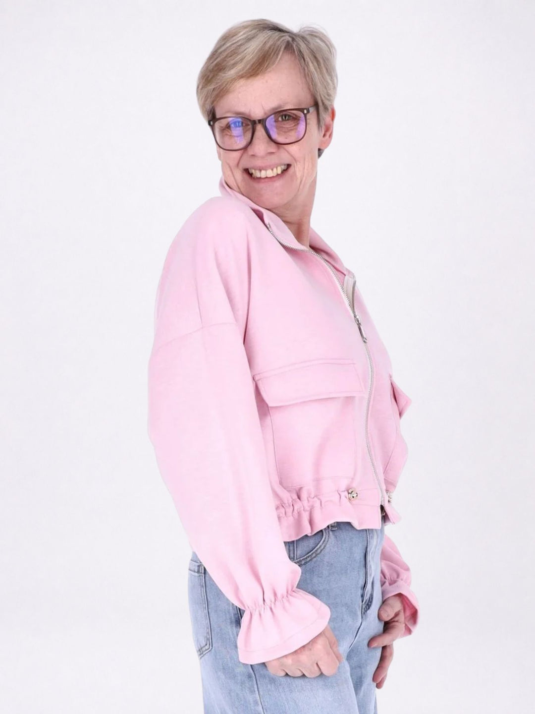 Jacke Damen Sweat Tunnelzug aufgesetzte Taschen kurz
