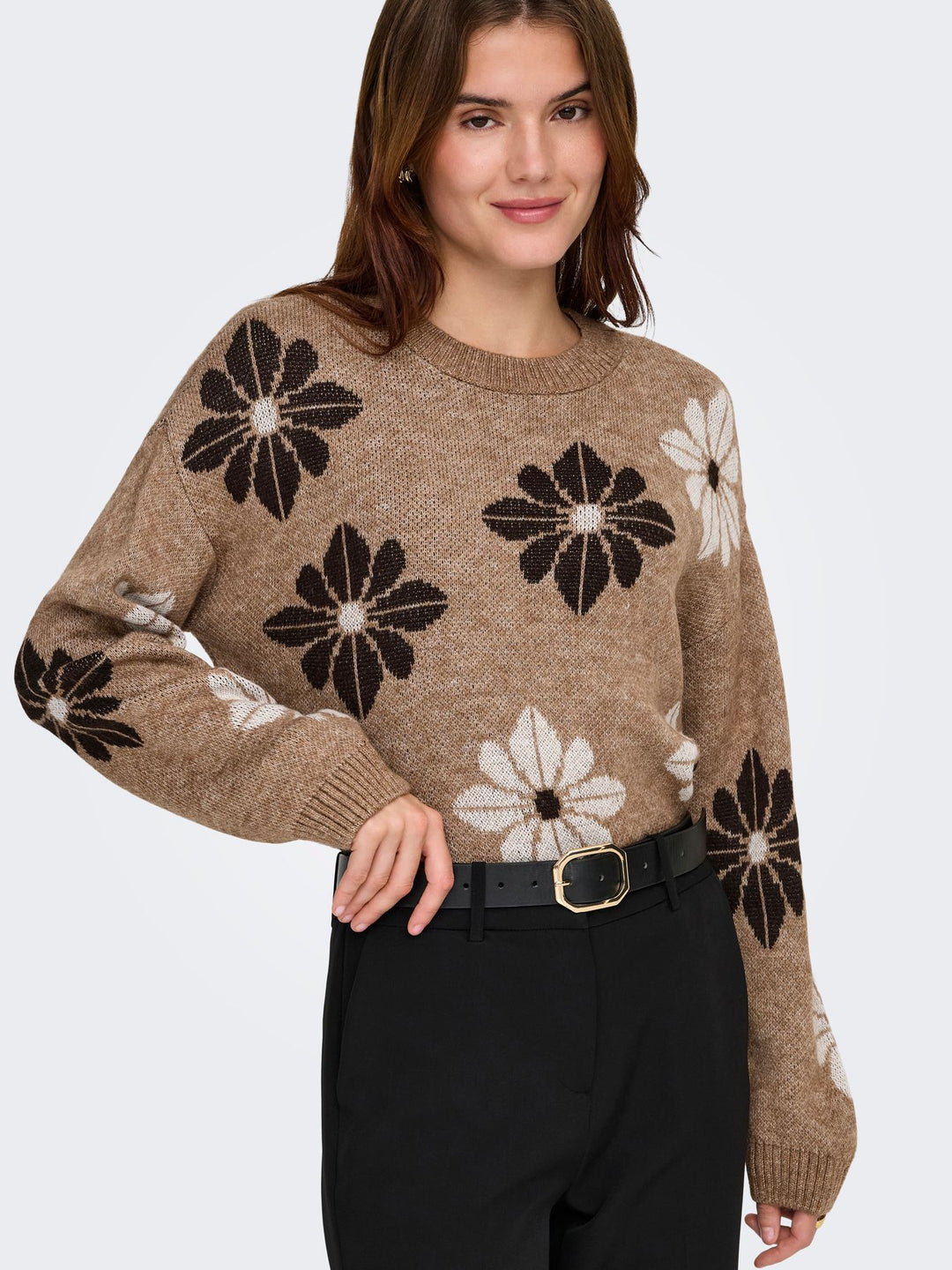 ONLFREESIA LS FLOWER O-NECK KNT NOO Toasted Coconut/Flowers/Black Coffe