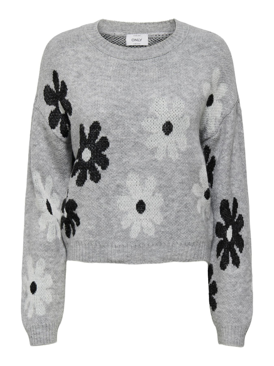 ONLFREESIA LS FLOWER O-NECK KNT NOO Light Grey Melange/Black/White Flow