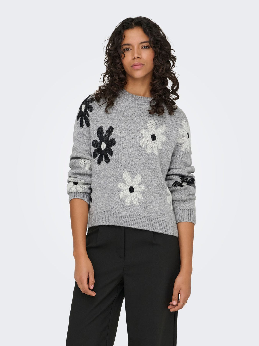 ONLFREESIA LS FLOWER O-NECK KNT NOO Light Grey Melange/Black/White Flow