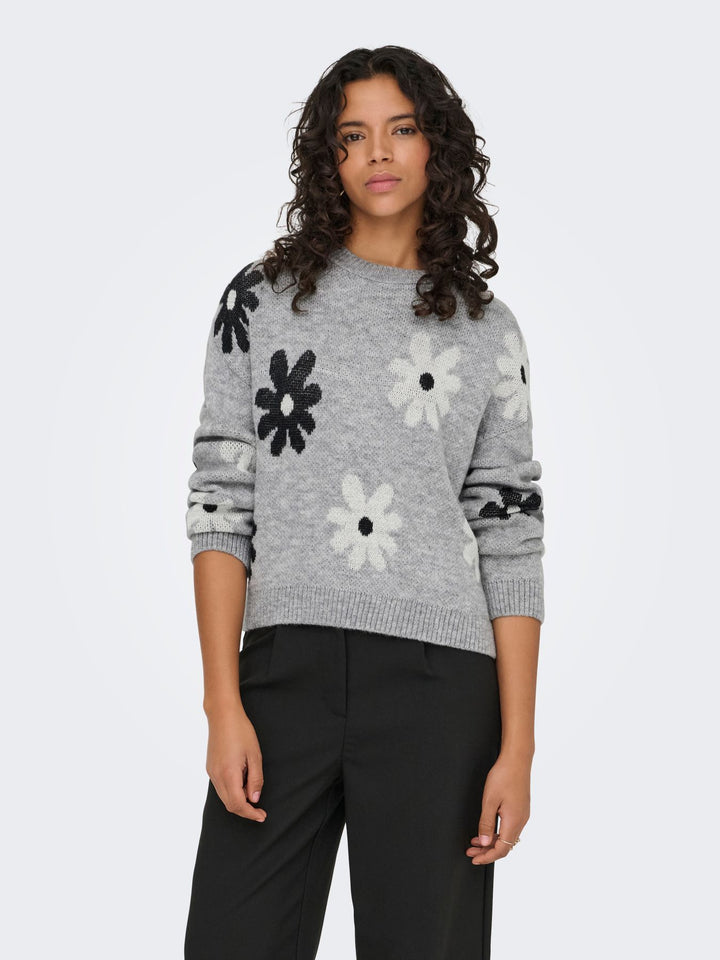 ONLFREESIA LS FLOWER O-NECK KNT NOO Light Grey Melange/Black/White Flow