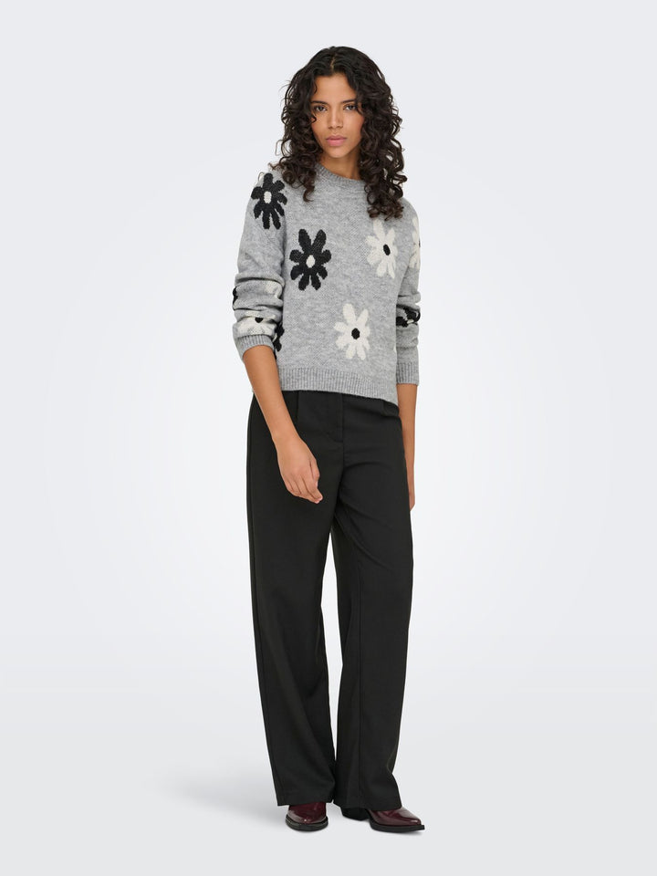 ONLFREESIA LS FLOWER O-NECK KNT NOO Light Grey Melange/Black/White Flow