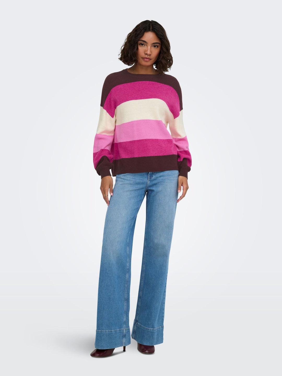 ONLATIA L/S STRIPE PULLOV KNT NOOS Fudge/Fuchsia Red/Whitecap