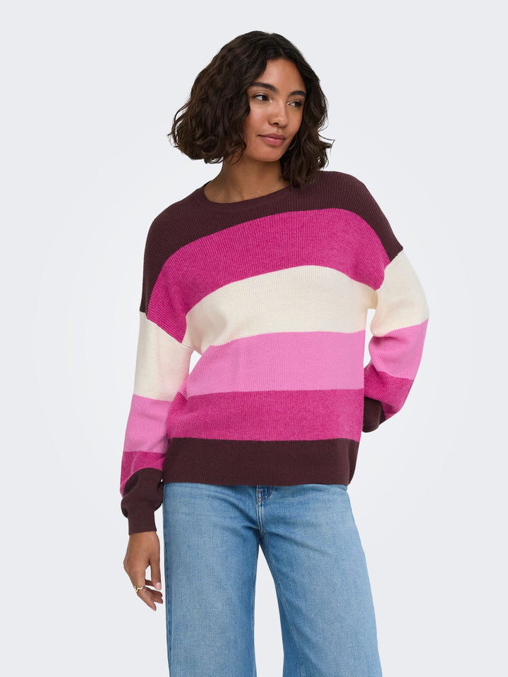 ONLATIA L/S STRIPE PULLOV KNT NOOS Fudge/Fuchsia Red/Whitecap