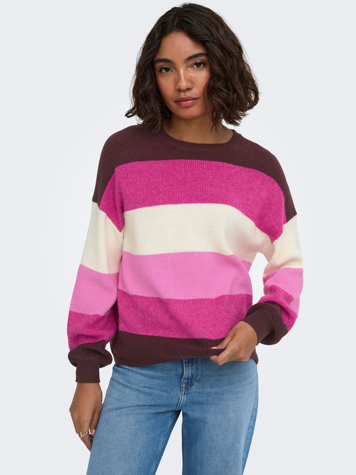 ONLATIA L/S STRIPE PULLOV KNT NOOS Fudge/Fuchsia Red/Whitecap