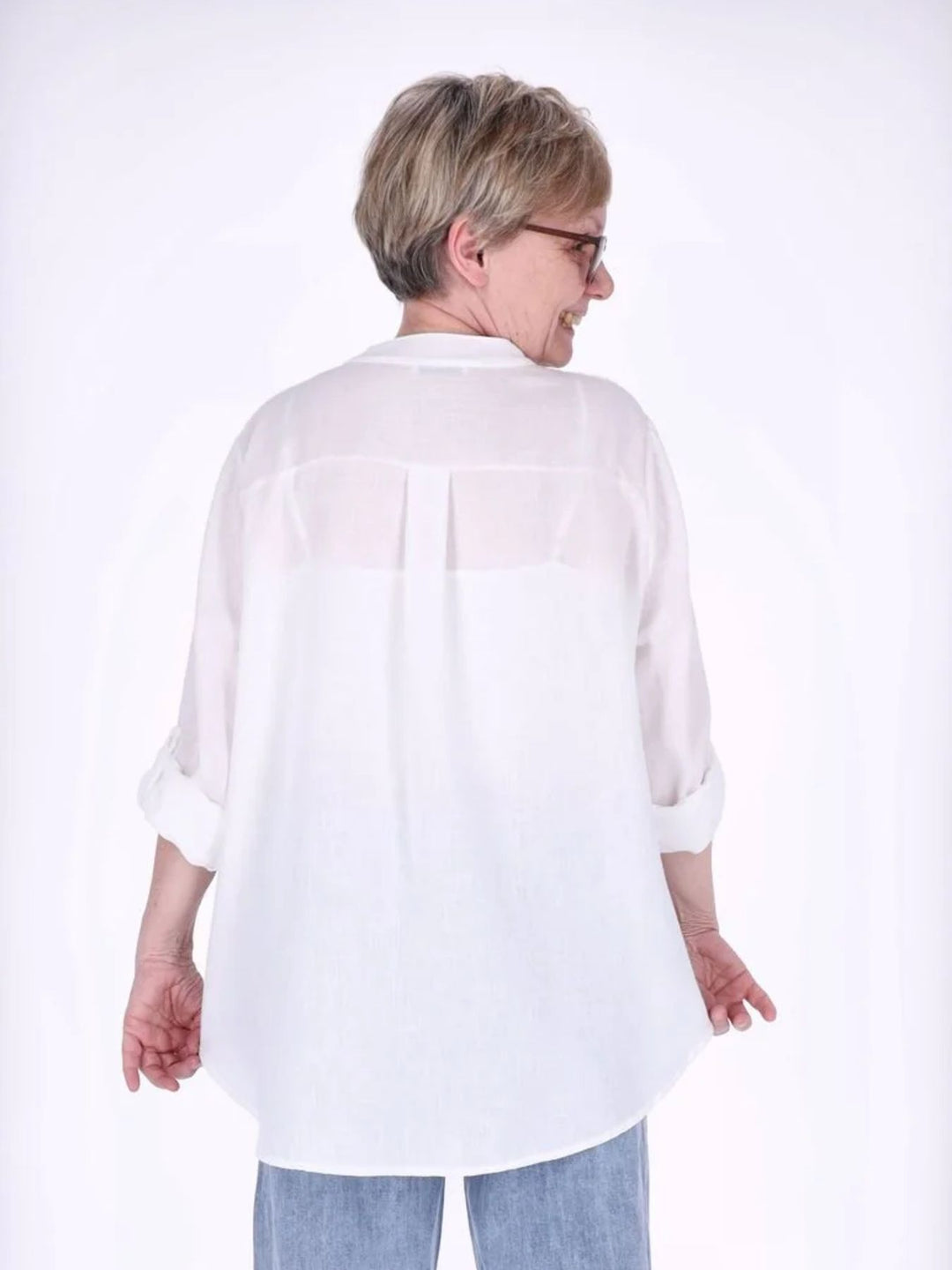 Weißes Damen Blusenshirt mit Knopfleiste & Krempelärmeln
