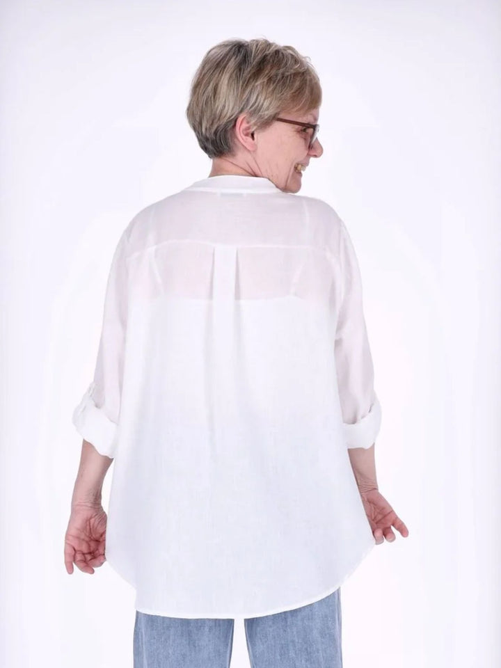 Weißes Damen Blusenshirt mit Knopfleiste & Krempelärmeln