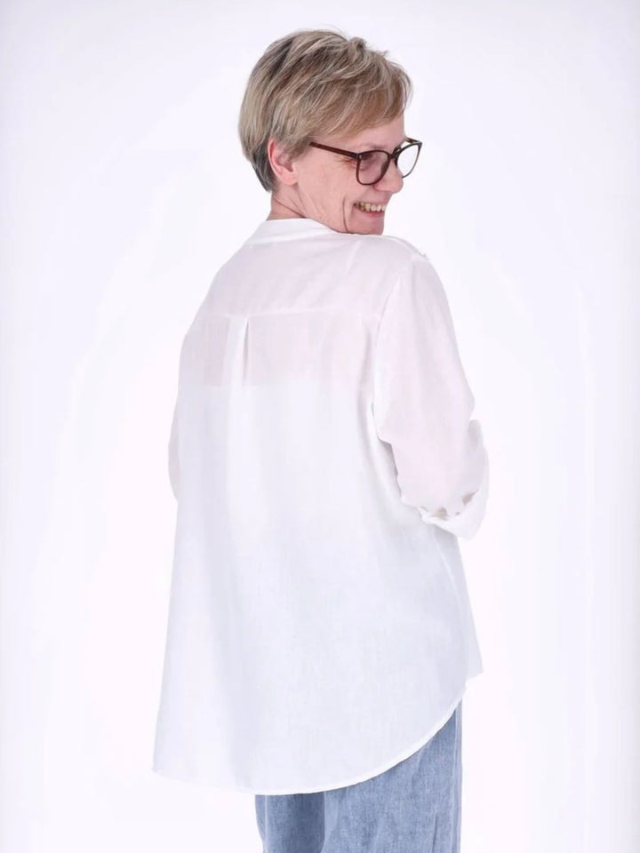 Weißes Damen Blusenshirt mit Knopfleiste & Krempelärmeln