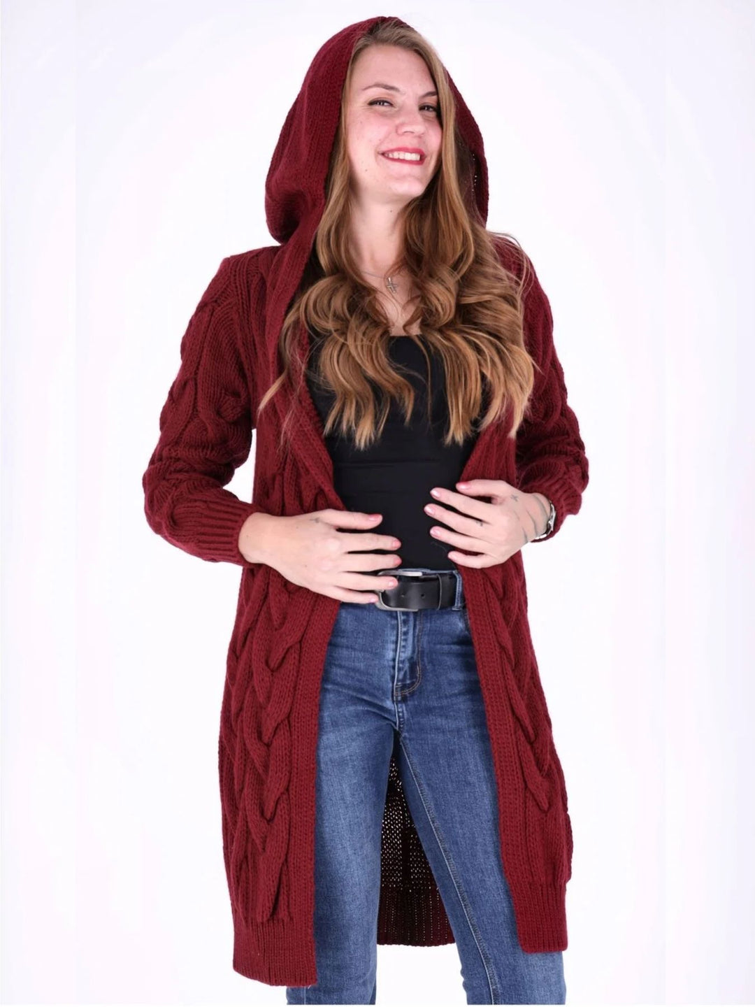 Bordeaux lange Damen Strickjacke mit Zopfmuster & Kapuze