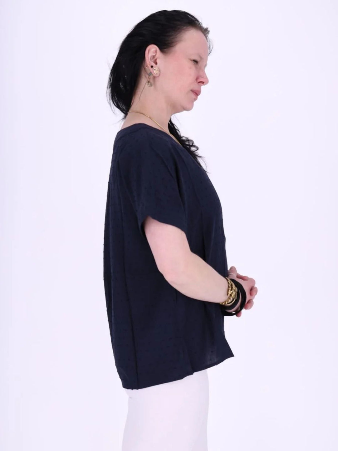 Dunkelblaues Damen Shirt im Blusen-Stil mit Plockmuster