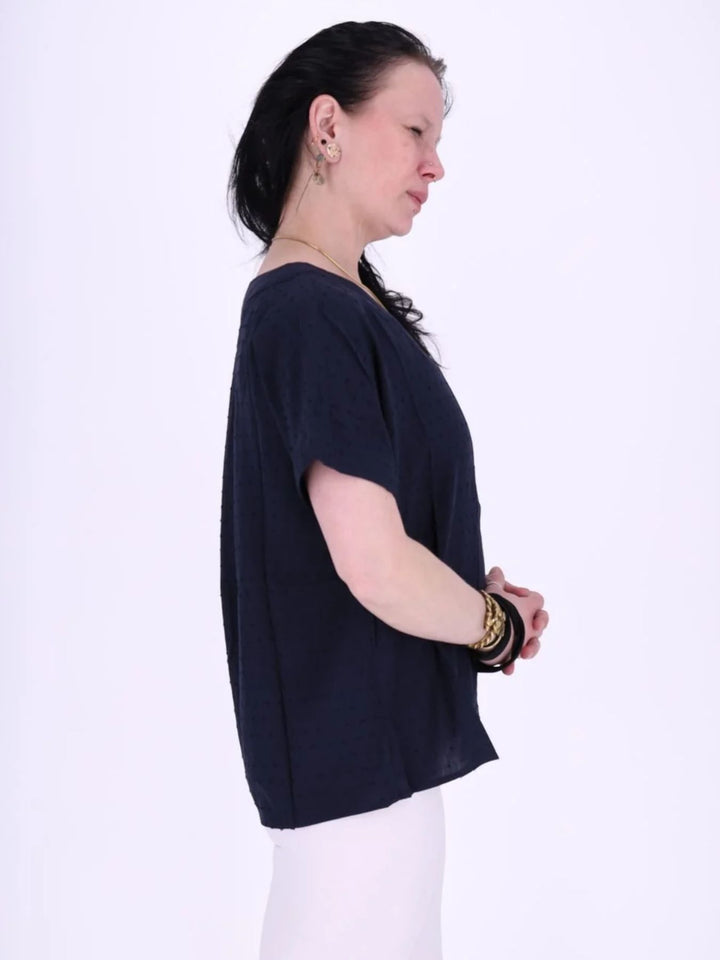 Dunkelblaues Damen Shirt im Blusen-Stil mit Plockmuster