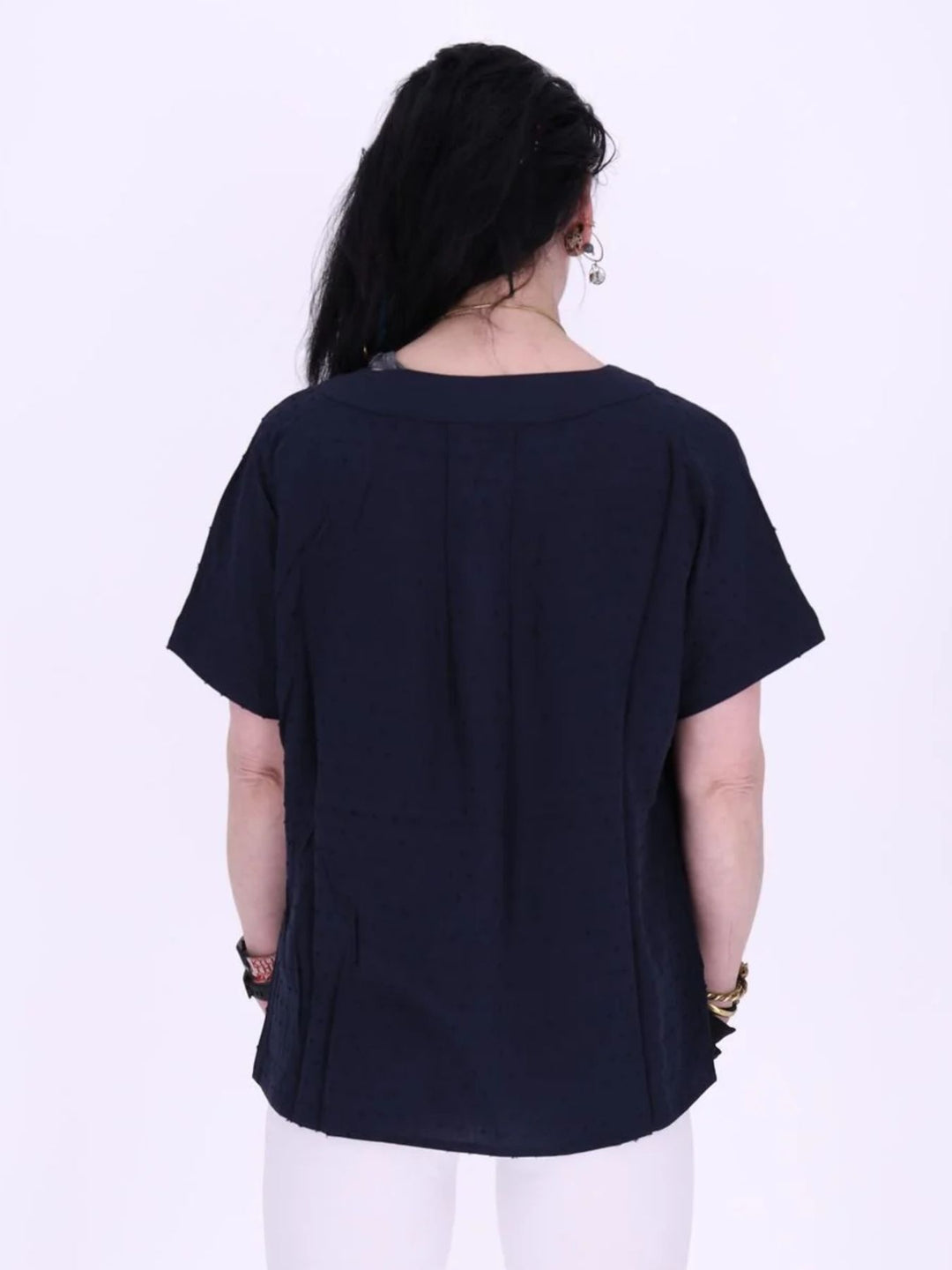 Dunkelblaues Damen Shirt im Blusen-Stil mit Plockmuster