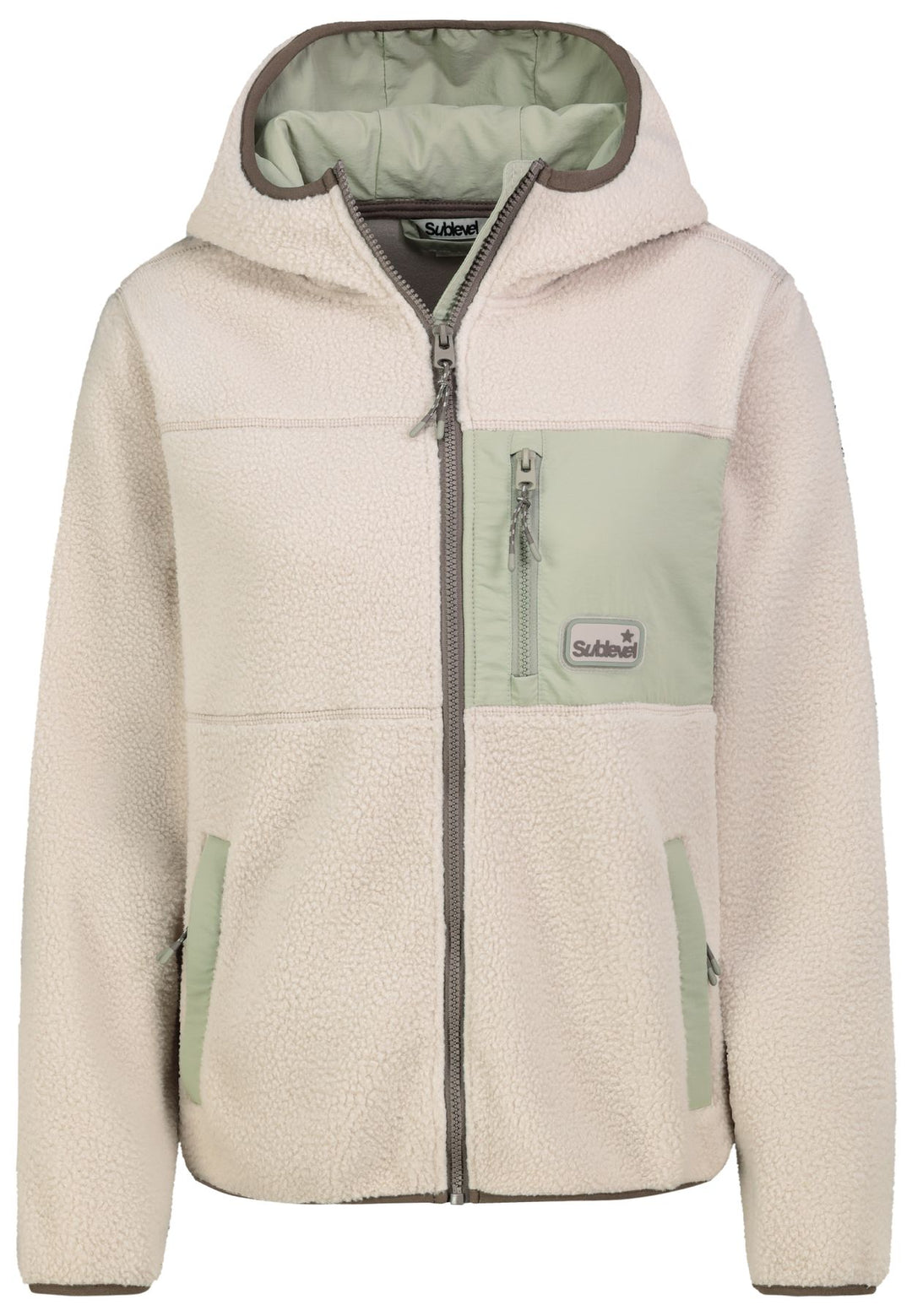Damen Fleecejacke mit Kapuze – Creme, Salbeigrün & Braun