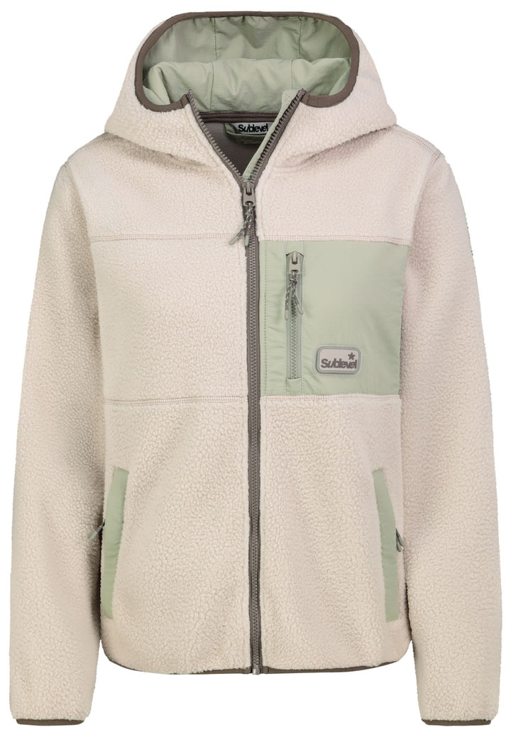 Damen Fleecejacke mit Kapuze – Creme, Salbeigrün & Braun