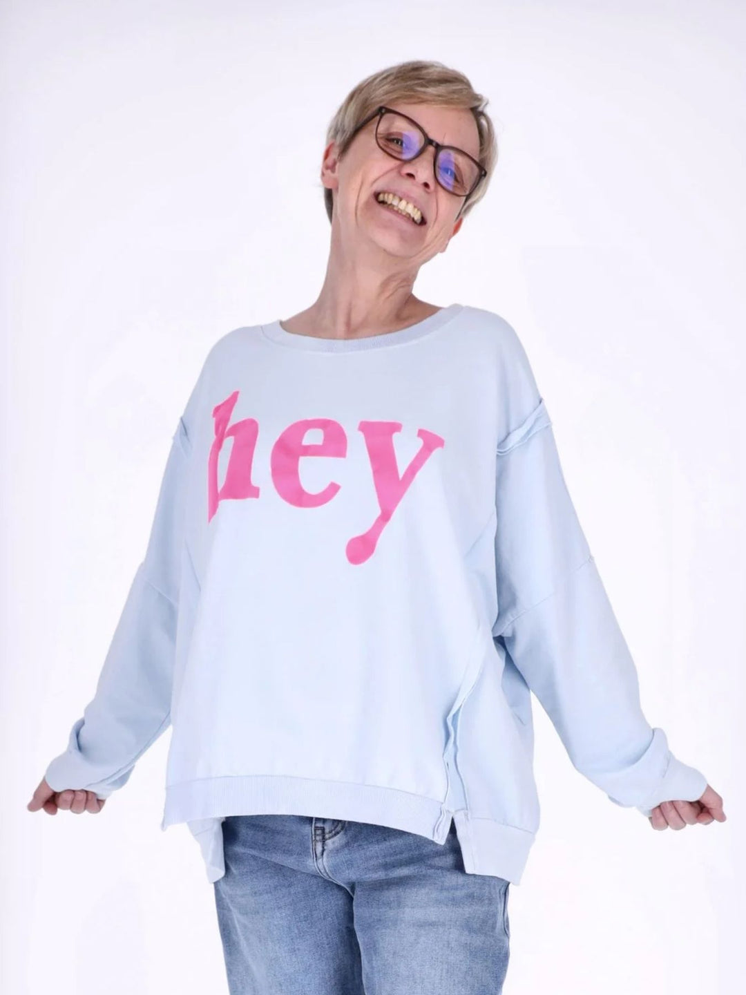 Blaues Damen Oversize Sweatshirt „HEY“ mit Statement-Print