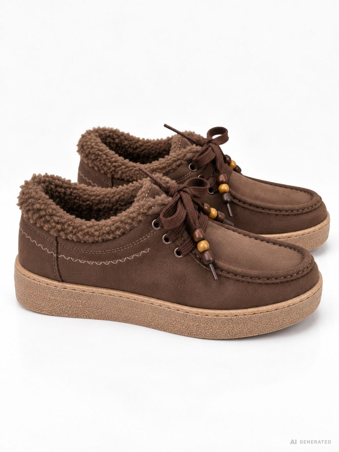 Damen Schnürschuhe in Braun mit Teddyfutter & Perlendetails