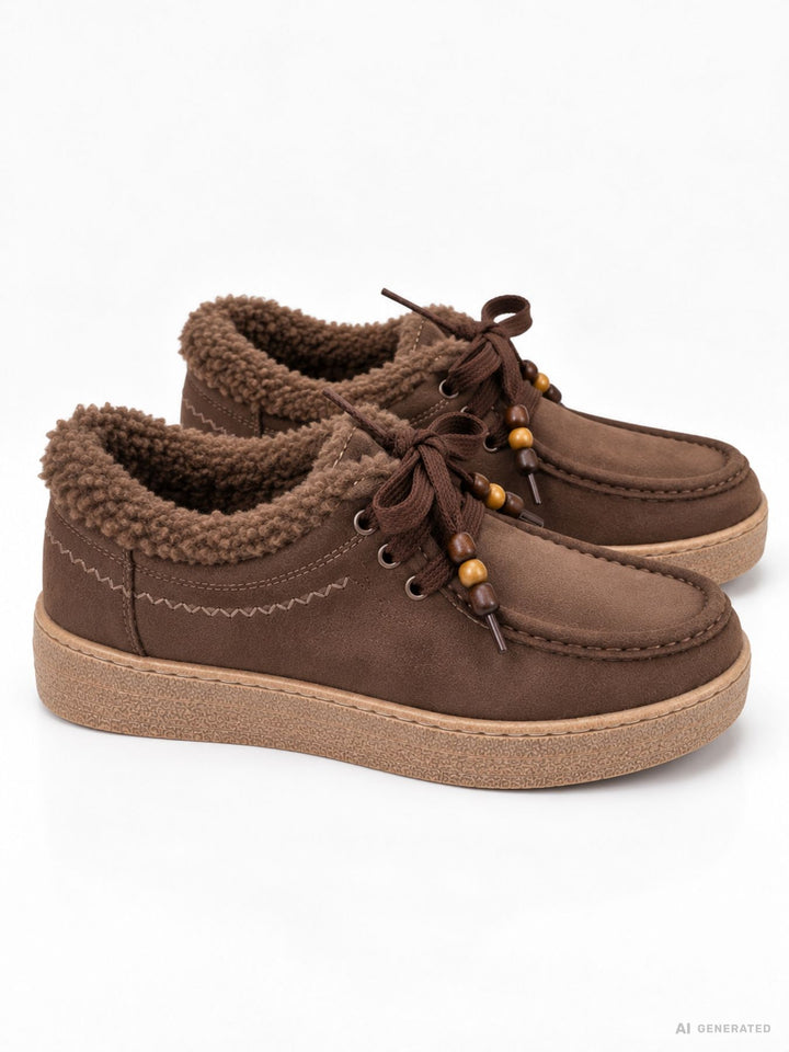 Damen Schnürschuhe in Braun mit Teddyfutter & Perlendetails