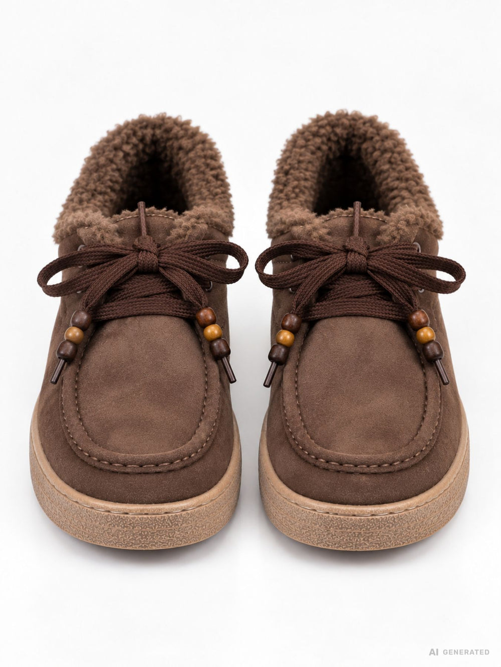 Damen Schnürschuhe in Braun mit Teddyfutter & Perlendetails