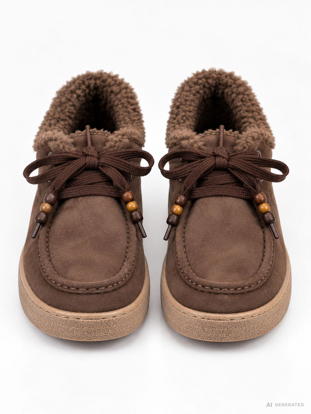 Damen Schnürschuhe in Braun mit Teddyfutter & Perlendetails