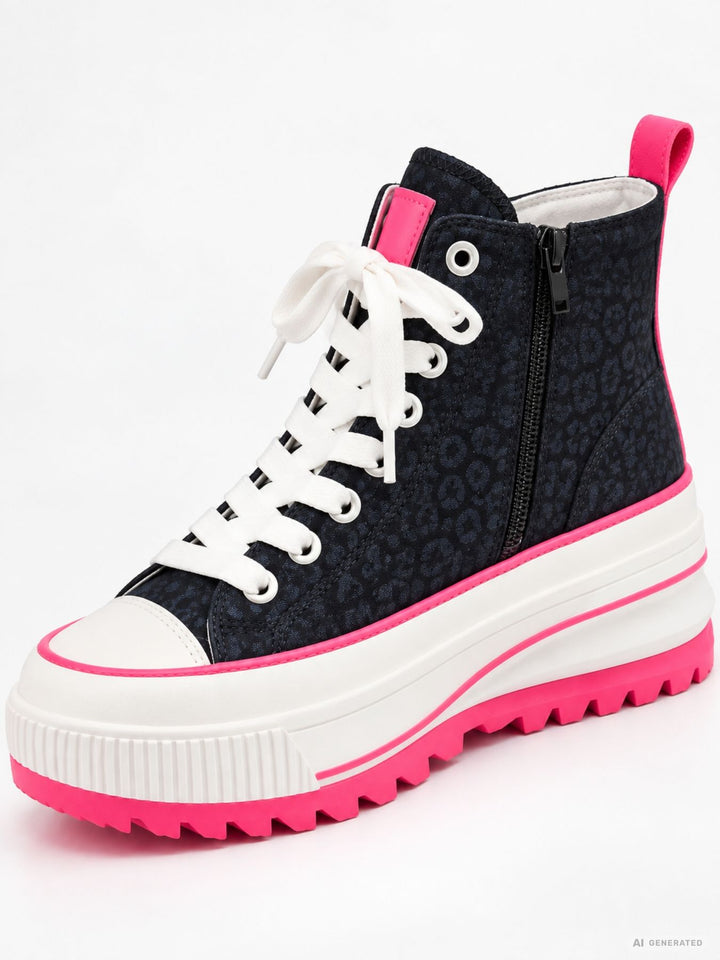 Damen High-Top Sneaker in Dunkelblau mit Leo-Print & Pink