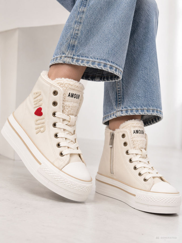 Cremefarbener High-Top Sneaker mit Plateau & AMOUR-Detail