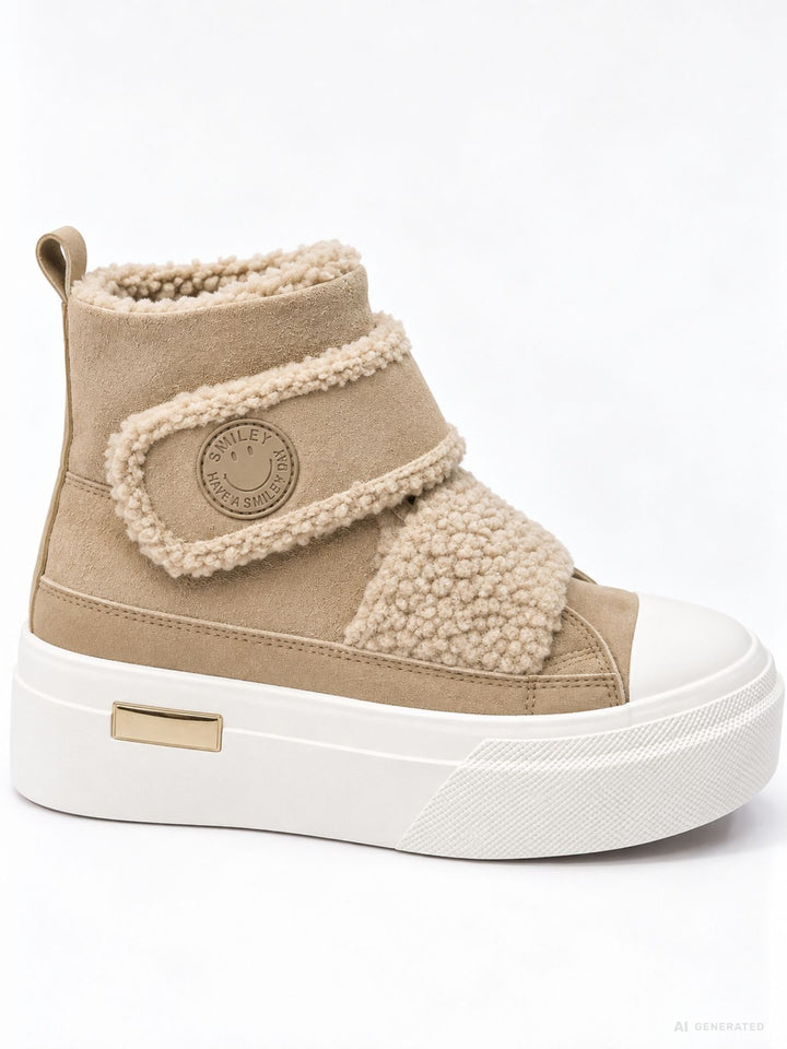 Beige High-Top Plateau Sneaker mit Teddy-Details
