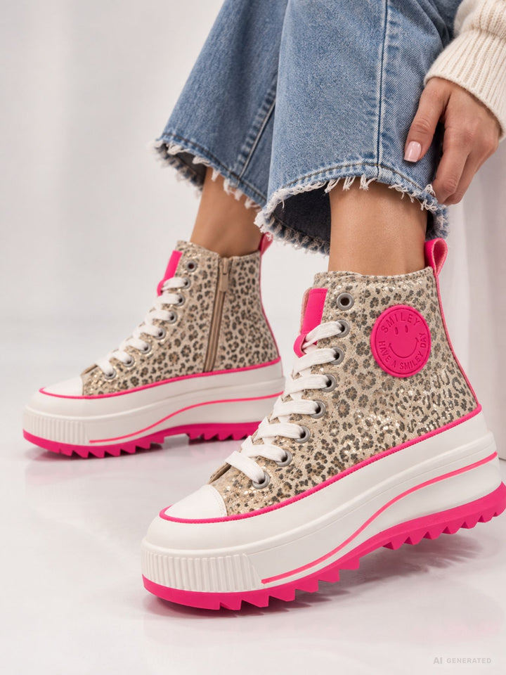High-Top Plateau Sneaker mit Leo-Print & Pink Details