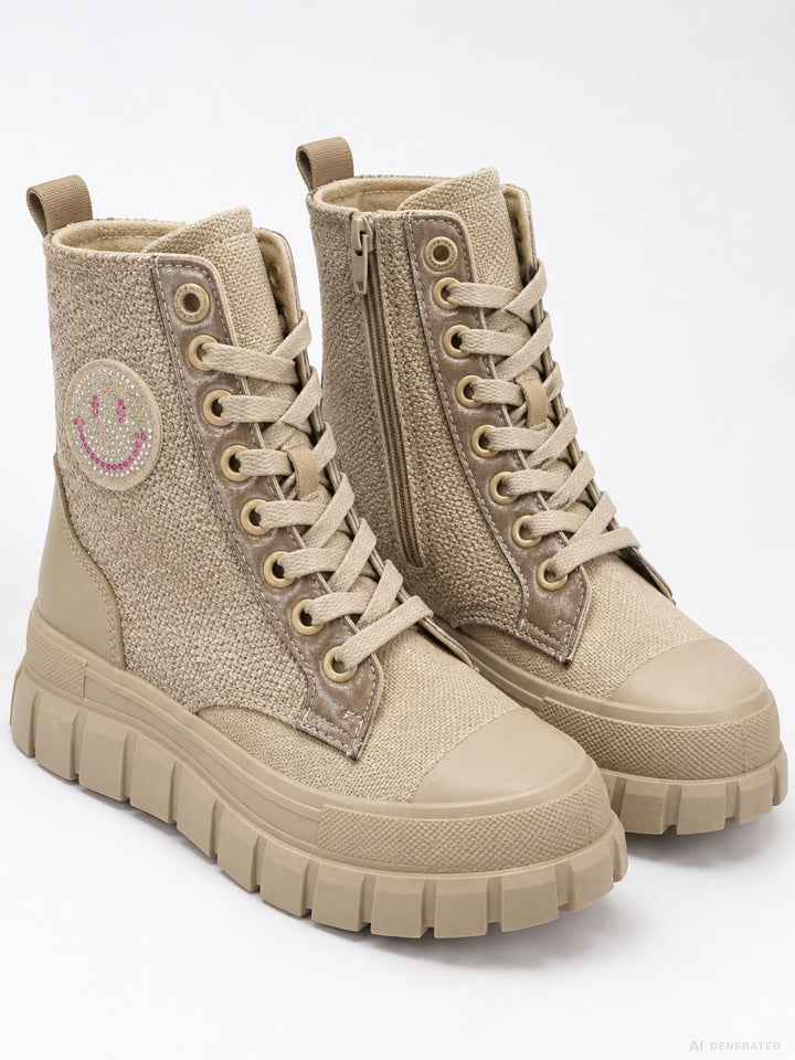Damen Schnürboots Beige mit Strass-Smiley & Chunky-Sohle