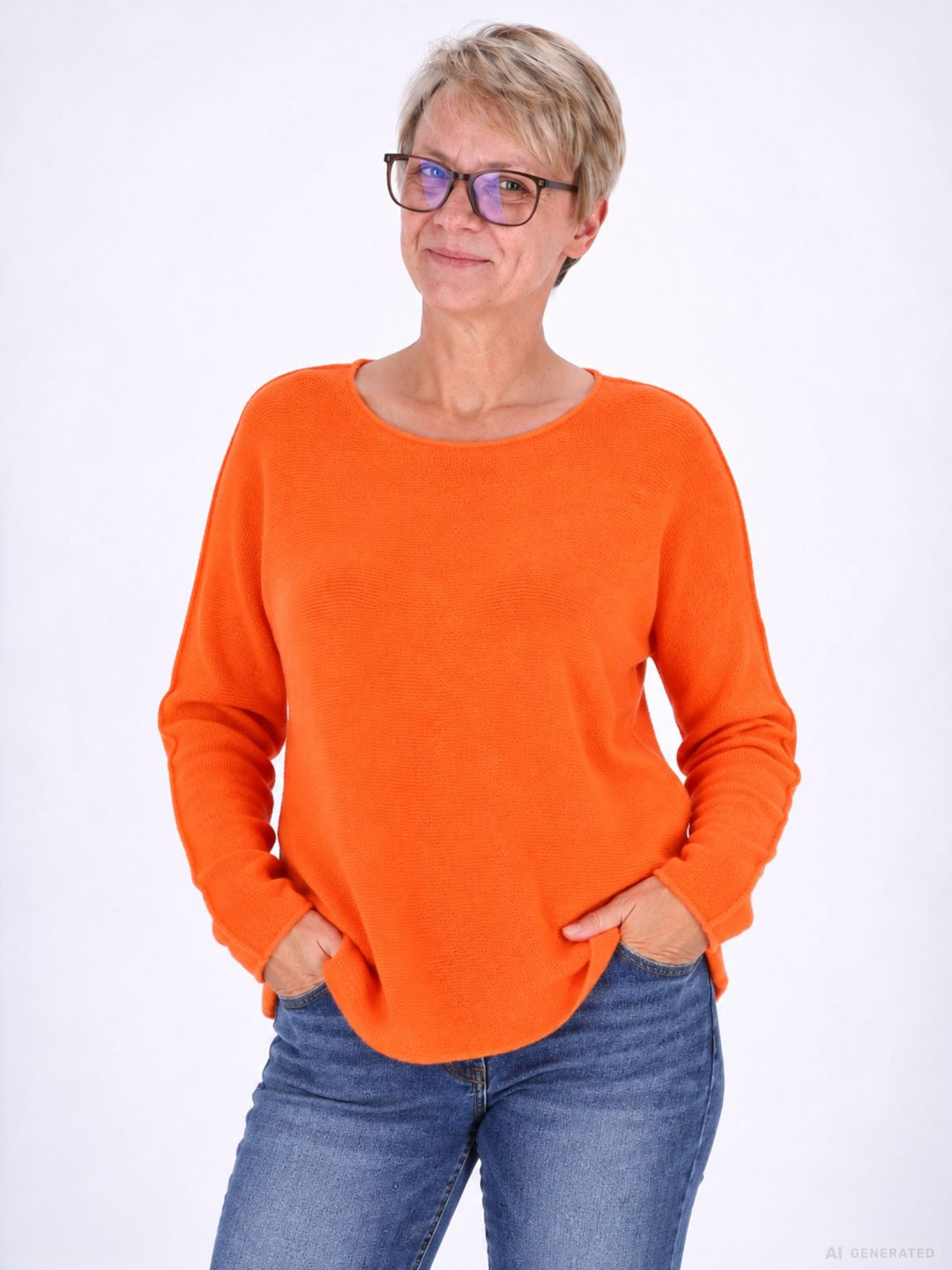 Orangener Strickpullover Damen Rundhals abgerundeter Bund