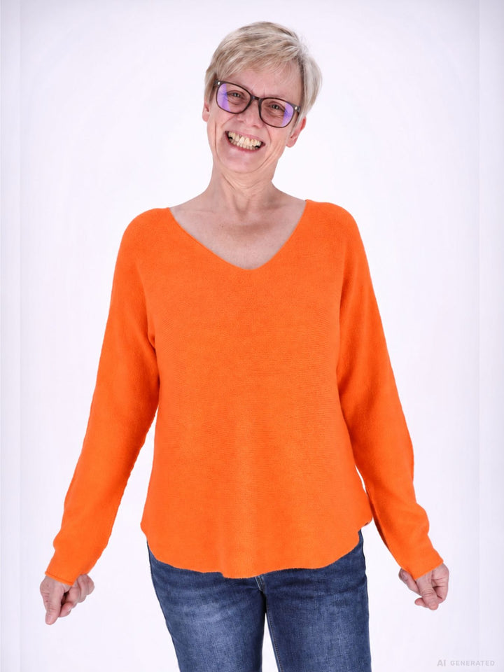 Orange Schwarzer Strickpullover Damen V-Ausschnitt abgerundeter Bund