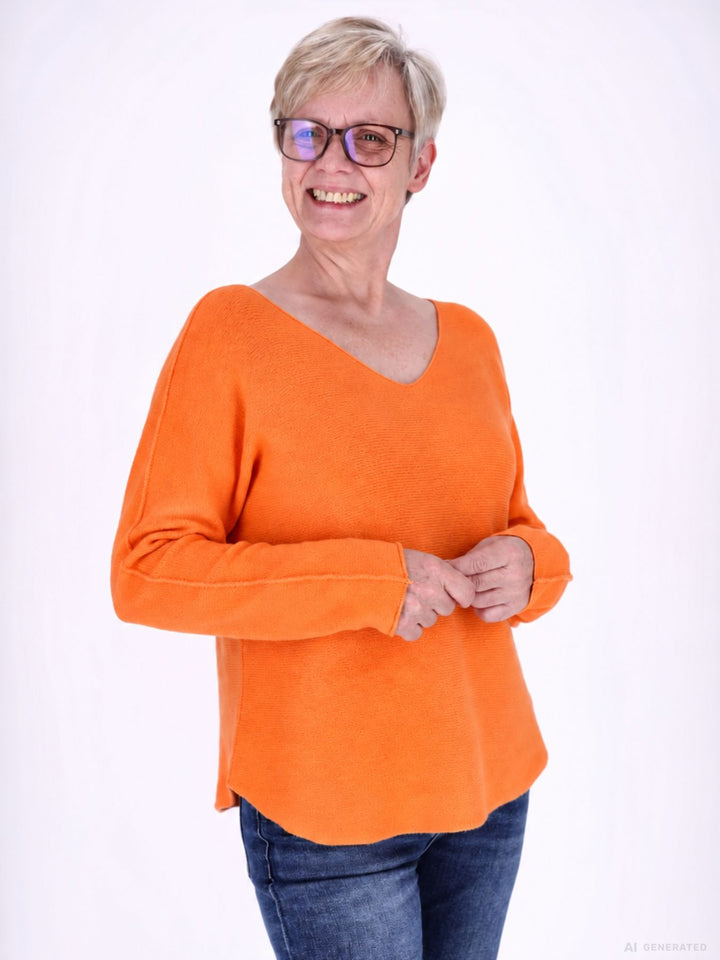 Orange Schwarzer Strickpullover Damen V-Ausschnitt abgerundeter Bund