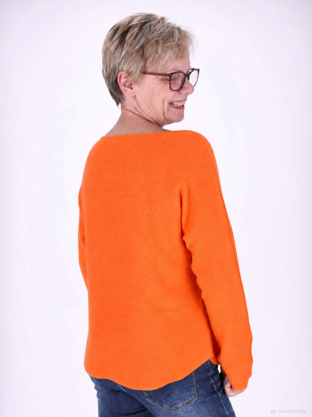 Orange Schwarzer Strickpullover Damen V-Ausschnitt abgerundeter Bund