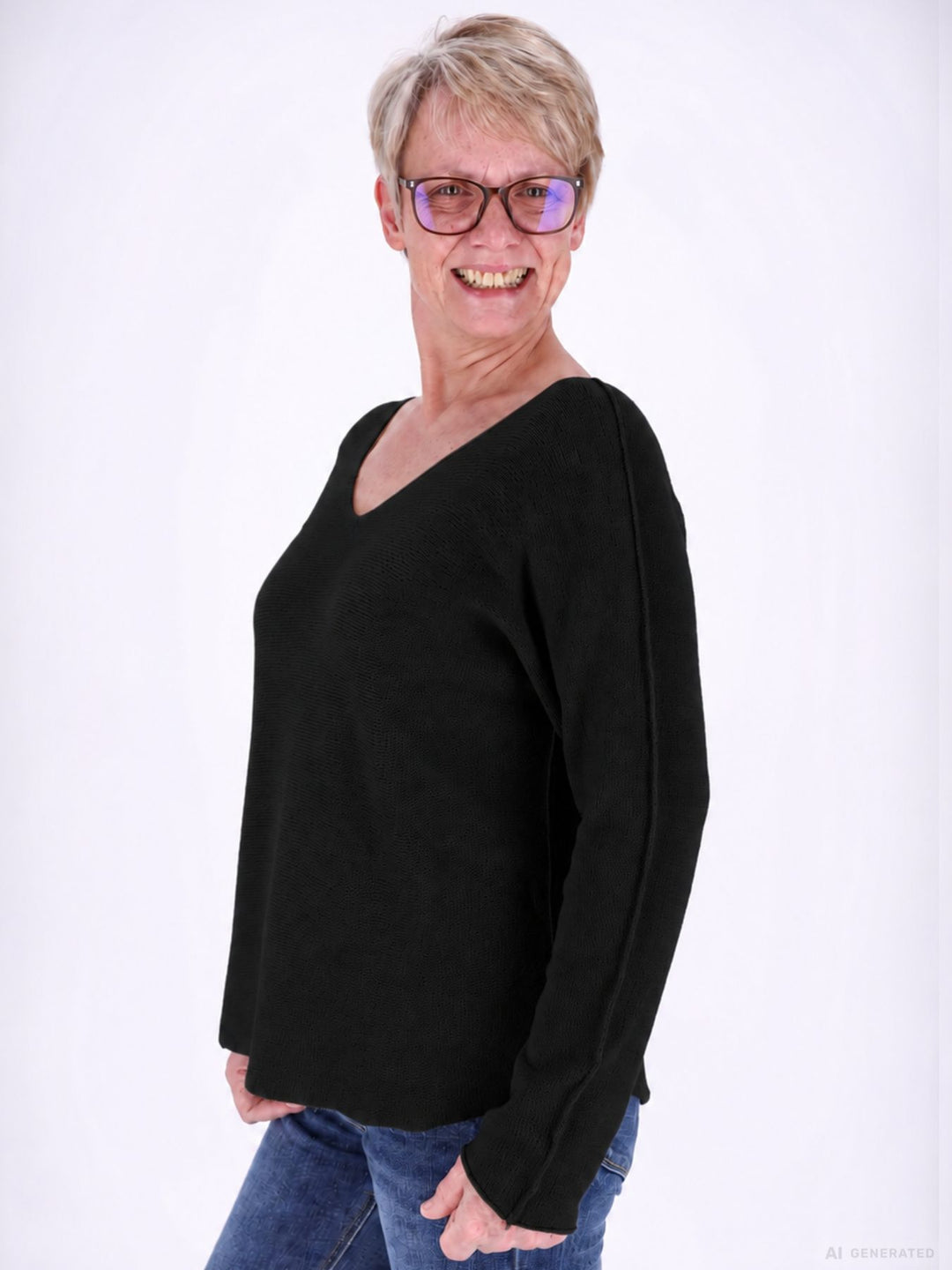 Schwarzer Strickpullover Damen V-Ausschnitt abgerundeter Bund
