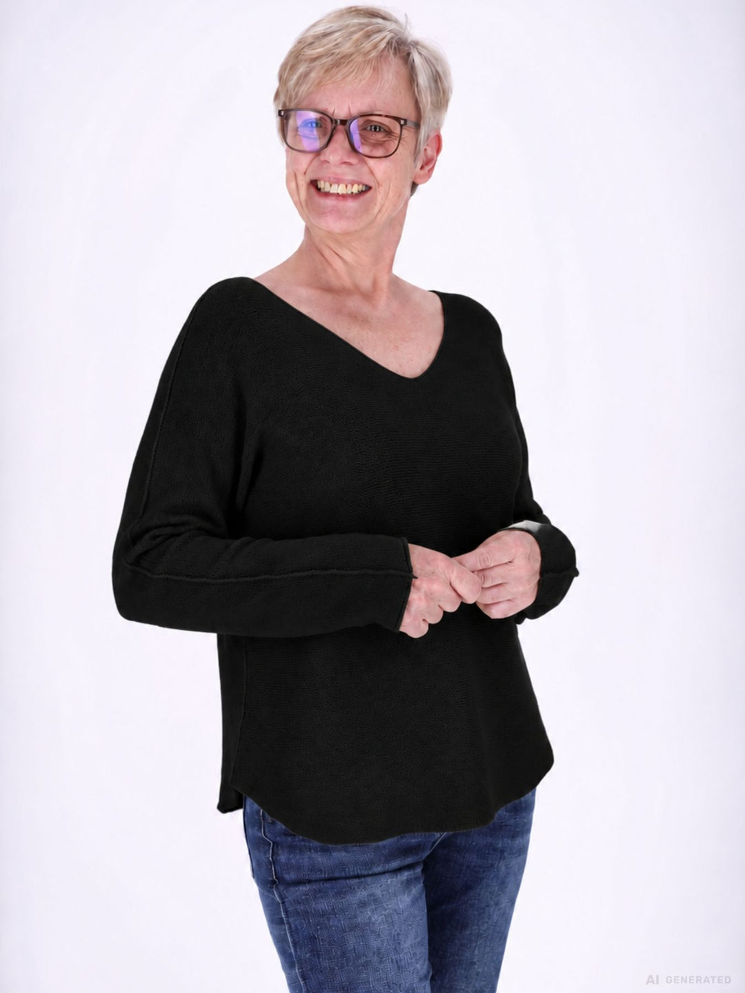 Schwarzer Strickpullover Damen V-Ausschnitt abgerundeter Bund