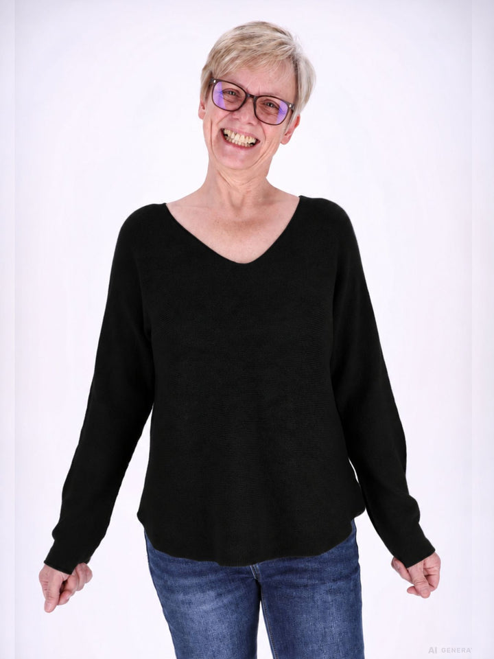 Schwarzer Strickpullover Damen V-Ausschnitt abgerundeter Bund
