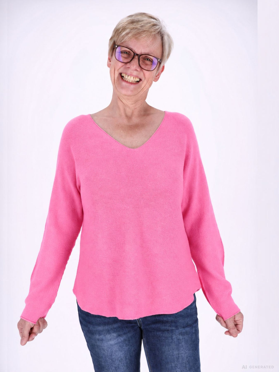 Barbie Pink Strickpullover Damen V-Ausschnitt mit abgerundetem Bund
