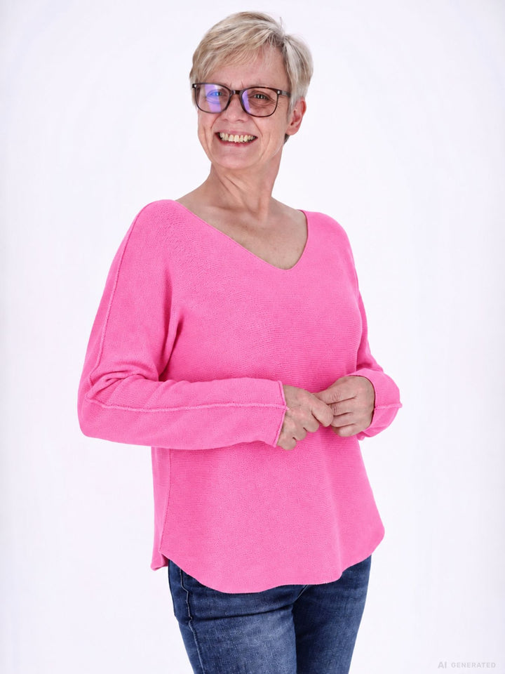 Barbie Pink Strickpullover Damen V-Ausschnitt mit abgerundetem Bund