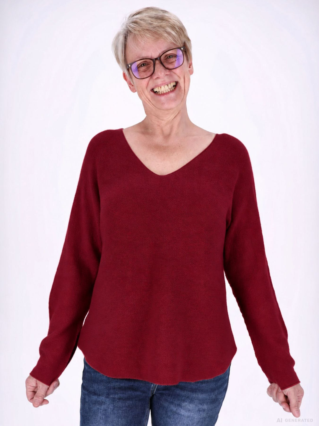 Weinroter Strickpullover Damen V-Ausschnitt mit abgerundetem Bund